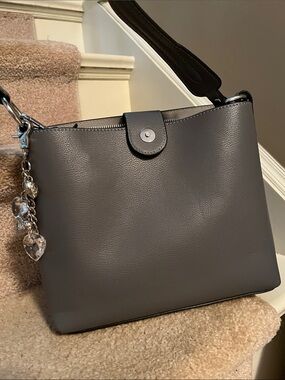Modern Gray Shoulder Bag with Charm Accent